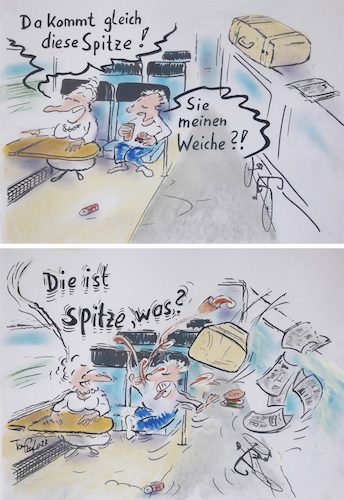 Cartoon: Spitze Weiche (medium) by TomPauLeser tagged bahn,bahnfahren,waggon,fahrrad,rennrad,begegnung,pendler,pendlerin,eisenbahn,eisenbahnwaggon,sbahn,regionalzug,zug,zugfahren,abteil,großraumabteil,streckenbeschaffenheit,schiene,schienen,koffer,zeitung,zeitschriften,weiche,spitze