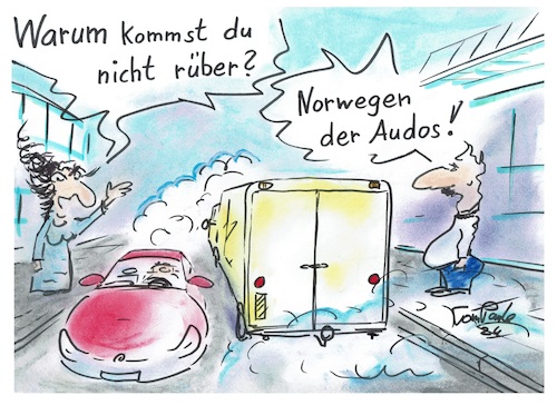 Cartoon: Starker Verkehr in Sachsen (medium) by TomPauLeser tagged starker,verkehr,autos,sachse,sächsisch,strasse,rüber,hinüber,überqueren,lastwagen,sprinter,porsche,mercedes,abgase,beniner,diesel,bürgersteig,winken