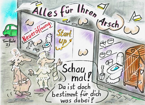 Cartoon: Start Up (medium) by TomPauLeser tagged start,up,startup,toilettenartikel,kloschüssel,plumpsklo,klopapier,shop,shopping,klobürste,schaufenster,reklame,reklameschild,hintern,po,arsch