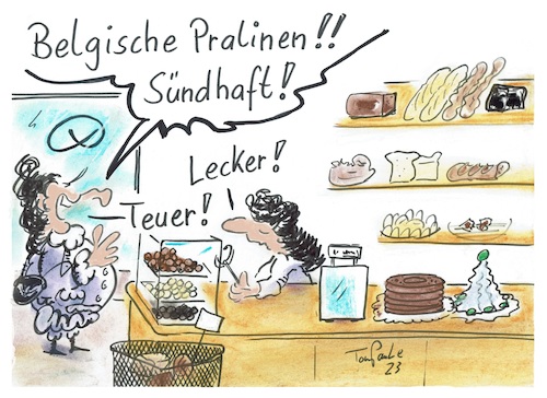 Cartoon: Sündhaft (medium) by TomPauLeser tagged sündhaft,teuer,lecker,köstlich,belgisch,praline,konfekt,bäckerei,konditorei,backware,brot,brötchen,schrippen,hefeteig,torte,baumkuchen,weihnachtstanne,sahnetorte,sahnepraline,köstlichkeiten,geschmack,brezel,salzgebäck,vitrine