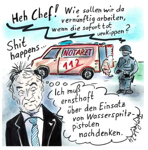 Cartoon: Taser tödlich (medium) by TomPauLeser tagged taser,reul,innenminister,notarzt,flüchtling,flüchtlingsunterkunft,mülheim,an,der,ruht,tödlich,polizei,polizeieinsatz,wasserspritzpistole,notarztwagen,rettungswagen,notaufnahme