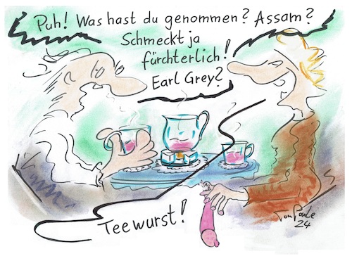 Cartoon: Teezeremonie (medium) by TomPauLeser tagged tee,teekanne,teetasse,teeaufguss,teewurst,wurst,assam,earl,grey,teewärmer,stövchen,teestövchen