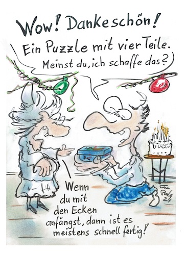 Cartoon: Teile vom Ganzen (medium) by TomPauLeser tagged teile,ganz,puzzle,puzzlespile,geburtstag,geburtstagsfeier,geburtstagstorte,luftballon,girlande,luftschlangen,feier,geschenk,geburtstagsgeschenk,wow,schaffen,leistung,genie