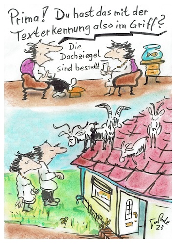 Cartoon: Texterkennung (medium) by TomPauLeser tagged dachziegel,ziegel,dachpfanne,dach,dachdecker,dachdecken,glasierte,unglasierte,texterkennung,ziegen,hörner,humor,illustration,internet,karikatur,kinder,klima,klimawandel,tagescartoon