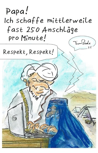Cartoon: Tippse (medium) by TomPauLeser tagged apm,wpm,anschlag,anschäge,schreibmaschine,tippen,burka,taliban,arabien,attentat,attentäter,respekt,tippse
