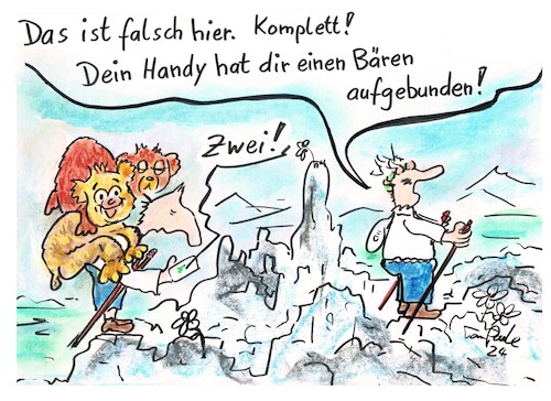 Cartoon: Touren-Navi-Confusions (medium) by TomPauLeser tagged bär,navi,tracking,wanderer,walking,berge,fels,felsen,falscher,weg,pfad