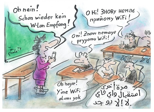 Cartoon: Dolmetscher notwendig in Schulen (medium) by TomPauLeser tagged sprache,sprachen,schule,verschiedene,dolmetscher,übersetzer,übersetzterapp,app,google,übersetzen,fremdsprachen,handy