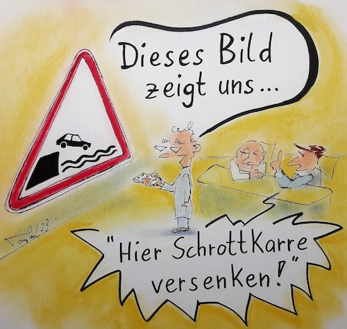 Cartoon: Ufer (medium) by TomPauLeser tagged ufer,verkehrsschild,warnschild,warnhinweis,fahrschule,theorie,theoretisch,unterricht,schrottkarre