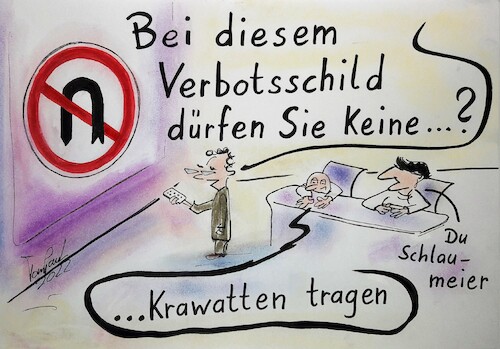 Cartoon: Umkehrwende verboten (medium) by TomPauLeser tagged umkehr,wende,krawatten,krawatte,schlips,nonsens,verkehrsschild,verbot,verbotsschild,fahrschule,fahrschüler,theorieunterricht,unterricht,lernen,lehrer,fahrlehrer,fahrschülerin,tompaul,thomas,leser,karikatur,cartoon