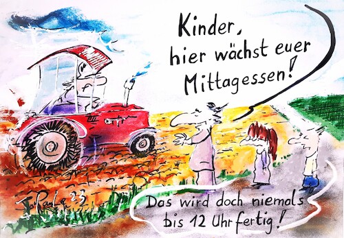 Cartoon: Unser Mittagessen (medium) by TomPauLeser tagged mittagessen,frühstück,abendessen,mahlzeit,lebensmittel,lebensmittelproduktion,landwirtschaft,traktor,feld,bestellen,acker,kornfeld,rübenfeld,weizenfeld