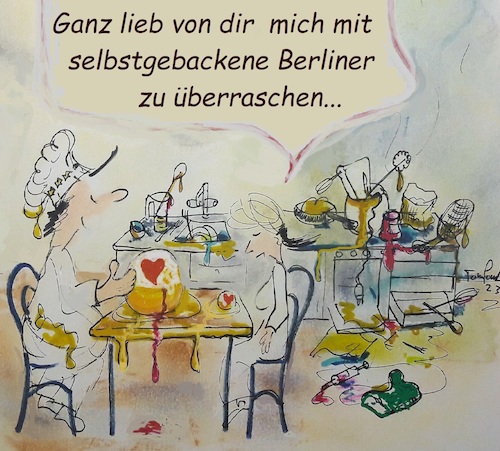 Cartoon: Valentinstag Berliner (medium) by TomPauLeser tagged valentinstag,berliner,herz,herzen,kochen,backen,kochmütze,spüle,küchenzeile,schmutz,herd,ofen,quirl,mehl,mixer,krapfen