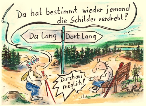 Cartoon: Verdreht (medium) by TomPauLeser tagged verdreht,schilder,wander,wanderung,wanderschilder,wegweiser,navy,waldweg,seeweg,tannenbäume,walking,stöcke