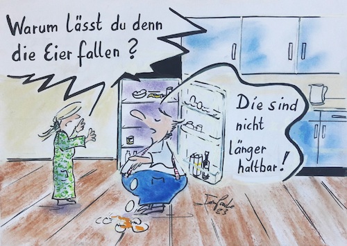 Cartoon: Verfallsdatum überschritten (medium) by TomPauLeser tagged haltbarkeit,haltbarkeitsdatum,verfallsdatum,überschritten,abgelaufen,lebensmittel,kühlschrank,küche,ei,eier,verdorbene,ware,fallen,wegwerfen,haltbar