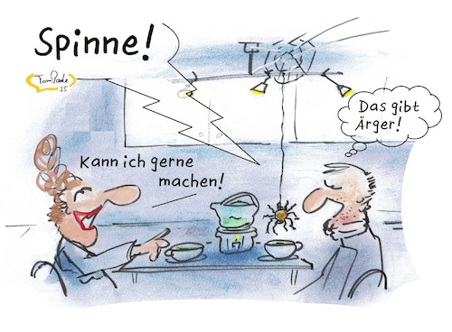 Cartoon: Von morgens bis abends (medium) by TomPauLeser tagged spinne,spider,morgens,bis,abends,ärger,frühstück,teetrinken,schlapplachsachen,satire,ärgernisse,spinnereien,spinnen,sinnenfang,missverständmiss,beziehung,ehe,geschlechter,cartoons,satirecartoons