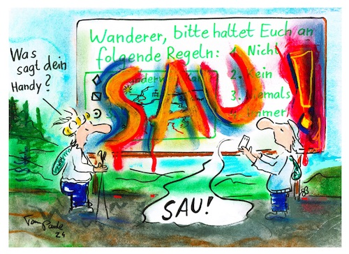 Cartoon: Wandersau (medium) by TomPauLeser tagged sau,wanderer,hinweis,hinweistafel,wanderkarte,route,handy,texterkennung,bildzutext,bildzutexterkennung,berge,wanderwege,legende,regelwerk,regeln,wanderstöcke,rucksack,graffiti,spraykunst,kein,niemals,immer