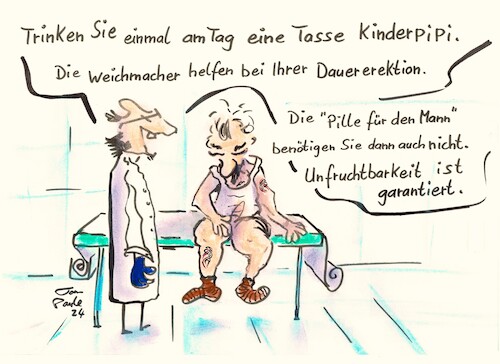 Cartoon: Weichmacher (medium) by TomPauLeser tagged urin,kinderurin,kinderpipi,pipi,ausscheidung,weichmacher,urologe,urologie,kinderarzt,praxisunfruchtbarkeit,pille,für,den,mann,erektion,dauer,dauererektion,hausarzt