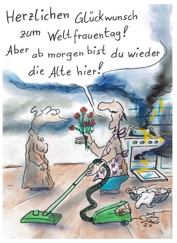 Cartoon: Weltfrauentag (medium) by TomPauLeser tagged weltfrauentag,küche,herd,wäsche,wäschekorb,frau,mann,geschlechterrolle,staubsauger,staubsaugen,waschen,küchenarbeit,frauenrolle,männerrolle