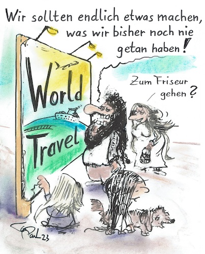 Cartoon: Weltreise (medium) by TomPauLeser tagged weltreise,flugreise,schiffreise,bahnreise,friseurbesuch,frisör,friseur,barbier,kinder,hund,anzeigetafel,werbetafel,werbeschild