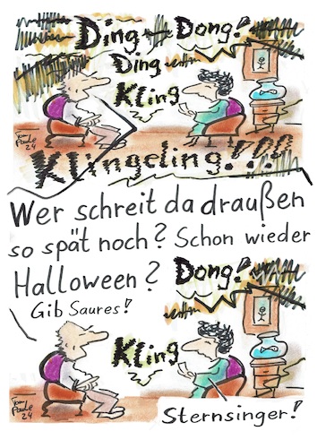 Cartoon: Wer spät klingelt (medium) by TomPauLeser tagged sternsinen,sternsinger,heilige,drei,könige,sechster,januar,halloween,sauers,süßes,klingel,klingelmännchen,schelle,schellen,dingdong