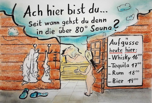 Cartoon: Whiskysauna (medium) by TomPauLeser tagged sauna,saunakabine,saunaaufguss,aufguss,saunieren,rum,whisky,whiskey,gin,tequila,bier,kabine,bademantel,schlappen,hitze,blockhaus,tompaul,thomas,leser,karikatur,cartoon