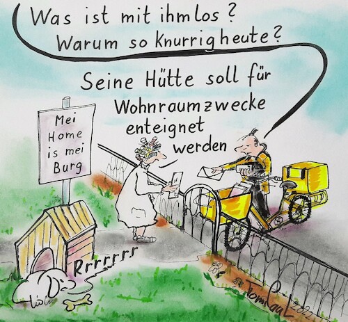 Cartoon: Wohnraumenteignung (medium) by TomPauLeser tagged wohnraumenteignung,wohnung,hundehütte,enteignung,hund,garten,postbote,briefträger,brief,briefumschlag,post,amt,amtsschreiben,grundstück,haus,hauseigentümer,wohnungseigentümer