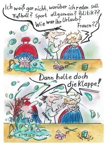 Cartoon: Worüber reden noch (medium) by TomPauLeser tagged reden,sprechen,sprache,gespräche,kommentarlos,kommentare,friseur,frisieren,sprachlos,sprachlosigkeit,klappe,maul,mund,halten,schaumbad,schaumfestiger,waschen,legen,föhnen,schneiden,waschbecken,effilierschere,sport,fußball,frauen,urlaub