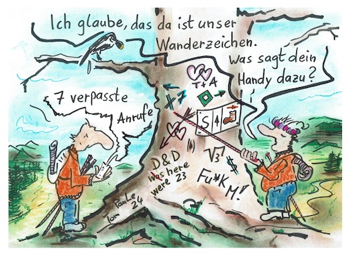Cartoon: Zeichen dieser Zeit (medium) by TomPauLeser tagged wanderweg,wanderzeichen,tracking,baum,hinweisschilder,zeichen,dieser,zeit