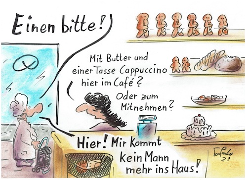 Cartoon: Zum Mitnehmen (medium) by TomPauLeser tagged cappuccino,cafe,kaffee,zum,mitnehmen,fortogo,torte,gebäck,hefekerl,puhmann,krampus,norddeutschland,meist,stutenkerl,genannt,wird,trägt,er,im,westen,südwesten,eher,namen,weckmann,süddeutschland,österreich,deutet,bezeichnung,hackeporsche,schreckgestalt,heiligen,nikolaus