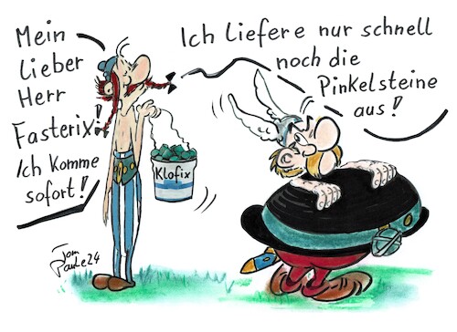 Cartoon: Zwei durch dick und dünn (medium) by TomPauLeser tagged wc,klosteine,kloreiniger,toilettensteine,urinsteine,urinalsteine,oblelix,asterix,fasten,dick,dünn,schlank,comicfigur,hinkelstein,pinkelstein,zaubertrank