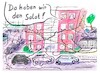 Cartoon: Kabelsalat (small) by TomPauLeser tagged kabelsalat,kabel,salat,elektroauto,aufladung,aufladen,ladestation,akkuladestation,ladegerät,wohnblock,private,steckdose,garagen,auto,eauto