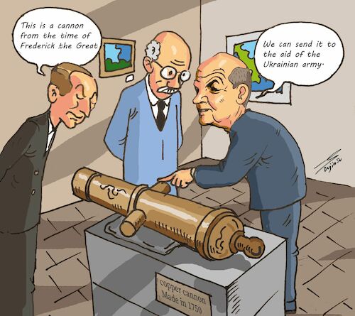 Cartoon: Help for ukraine (medium) by laodu tagged ukraine,war,military,weapons,canon,scholz,waffenlieferung