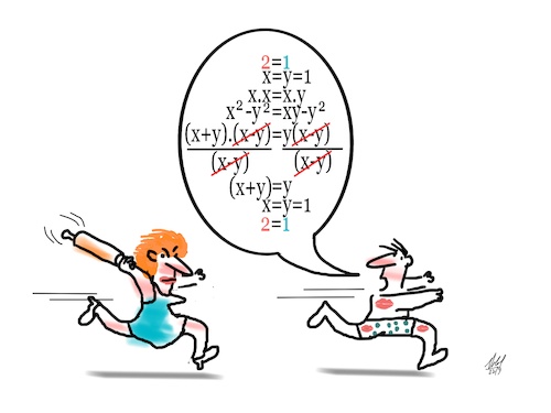 Cartoon: 2 equals to  1 (medium) by Roberto Castillo tagged math2022,voland