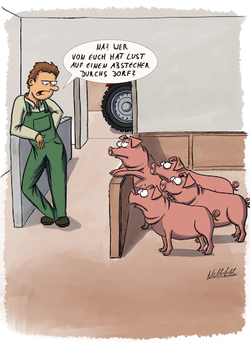 Cartoon: Abstecher durchs Dorf (medium) by SandraNabbefeld tagged cartoon,cartoonistin,cartoonist,humor,schräg,absurd,albern,lustig,witzig,sprichwörter,sprichwort,dorf,diesaudurchsdorfjagen,bauer,schwein,sau,landwirt,schweingehabt,abstecher,laufen,rennen,sandranabbefeld,nabbefeld