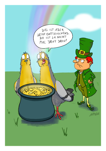 Cartoon: Am Ende des Regenbogens (medium) by SandraNabbefeld tagged cartoon,cartoonist,comic,comicstyle,humor,absurd,vögel,tauben,leprechaun,irland,irisch,kobold,gold,geld,taler,goldtaler,topfvollergold,regenbogen,amendedesregenbogens,enttäuschung,keinbrot,brot,stpatrick,feiertag,stpatricksday