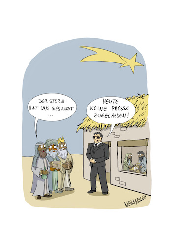 Cartoon: Die drei Weisen und der Stern (medium) by SandraNabbefeld tagged cartoon,cartoonist,cartooning,humor,lustig,satire,absurd,weise,heilig,weisen,stern,stall,bethlehem,jesus,geburt,maria,josef,joseph,myrrhe,weihrauch,gold,geschenke,morgenland,bodyguard,presse,sandranabbefeld,nabbefeld