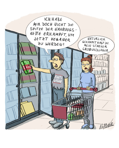 Cartoon: Die Spitze der Nahrungskette (medium) by SandraNabbefeld tagged cartoon,cartoonist,cartoonistin,comicstyle,humor,absurd,lustig,witzig,vegan,vegetarisch,steak,rind,gemüse,supermarkt,nahrungskette,pflanzlich,plantbased,jäger,antivegan,sandranabbefeld,nabbefeld