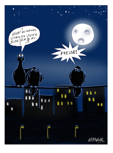 Cartoon: Gute Nacht (medium) by SandraNabbefeld tagged cartoon,cartoonist,comic,comicstyle,humor,absurd,absurdes,witz,lustig,witzbild,tauben,vögel,voegel,streetlife,nachtleben,ruhe,schlaf,schlafen,ruhestörung,traum,träumen,träume,vollmond,sterne,nacht,mond,beleuchtung,schlaflied,singen,summen,musikalisch,unmusikalisch,sandranabbefeld,nabbefeld