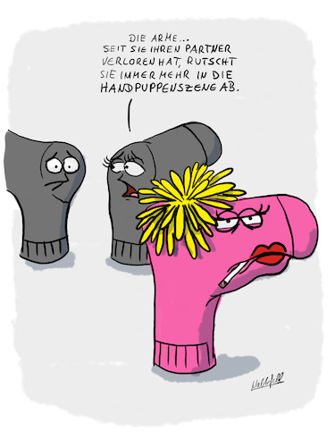 Cartoon: Handpuppenszene (medium) by SandraNabbefeld tagged cartoonist,cartoonistin,cartoon,humor,absurd,absurdes,schräg,socke,socken,verloren,handpuppe,sockenpuppe,handpuppenszene,szene,partner,sandranabbefeld,nabbefeld