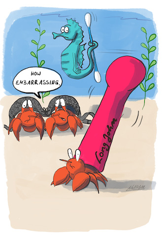 Cartoon: How embarrassing (medium) by SandraNabbefeld tagged cartoon,cartoonist,comic,comicstyle,humour,humor,funny,recycling,ocean,garbage,seahorse,hermitcrab,environment,environmentalissues,pollution,protection,vibrator,axkward,embarrassing,sandranabbefeld,nabbefeld