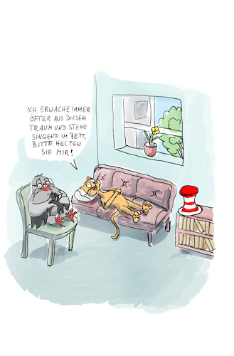 Cartoon: Katzenrettung (medium) by SandraNabbefeld tagged cartoon,cartoonist,comic,comicstyle,katzen,rettung,therapie,psychotherapie,therapeut,cats,musical,traum,humor,absurd,taube,vögel,praxis,traumdeutung,singen,bett