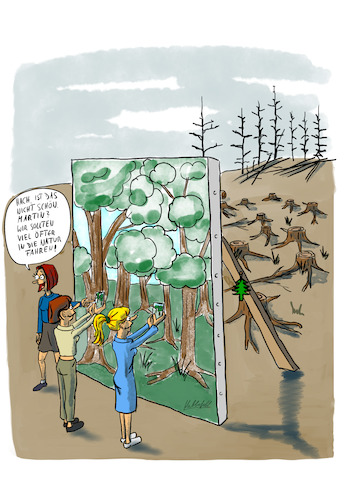 Cartoon: Natur Pur (medium) by SandraNabbefeld tagged cartoon,cartoonist,comic,comicstyle,satire,wald,waldsterben,klima,klimawandel,borkenkäfer,ernsthaft,holz,farbe,kipppunkte,sandranabbefeld,nabbefeld