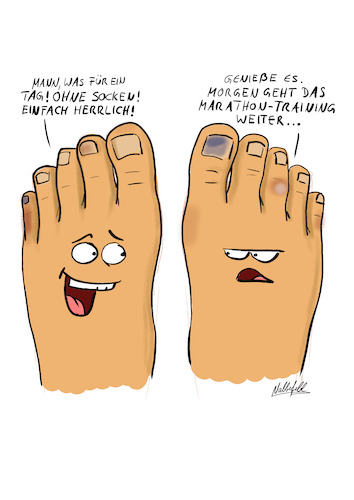 Cartoon: Ohne Socken (medium) by SandraNabbefeld tagged cartoon,cartoonistin,cartoonist,humor,lustig,schräg,absurdes,fuss,fuß,füsse,laufen,marathon,lauftraining,socken,ohnesocken,sockenlos,rennen,blasen,auszeit,sandranabbefeld,nabbefeld