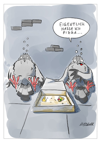 Cartoon: Pizza-Tag (medium) by SandraNabbefeld tagged cartoon,cartoonist,comic,comicstyle,humor,asbsurdes,lustig,vögel,tauben,streetlife,pizza,pizzatag,pizzakarton,leer,satt,voll,vollgefressen,stadtleben,stadttaube,wählerisch,tomate,basilikum,witzbild,rülpsen,fettig,italienisch,sandranabbefeld,nabbefeld