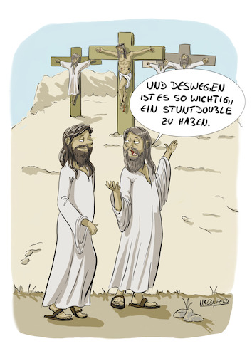 Cartoon: Stuntdouble (medium) by SandraNabbefeld tagged cartoon,cartoons,cartoonist,cartooning,humor,lustig,funny,absurd,satire,bibel,religion,christentum,karfreitag,kreuzigung,kreuz,stuntdouble,doppelgänger,doppelganger,jesus,sandranabbefeld,nabbefeld