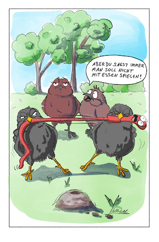 Cartoon: Tauziehen (medium) by SandraNabbefeld tagged cartoon,cartoonist,comic,comicstyle,humor,lustig,wurm,würmer,jungvogel,witz,vogel,vögel,amsel,tauziehen,piepmatz,stadtleben,innenstadt,sandranabbefeld,nabbefeld