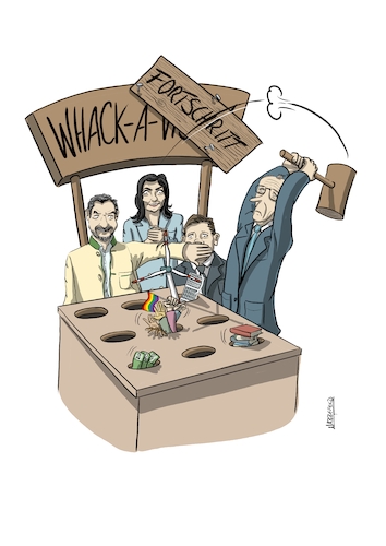 Cartoon: Whack-A-Fortschritt (medium) by SandraNabbefeld tagged cartoon,humor,satire,karikatur,innenpolitik,koalition,cdu,csu,spd,merz,söder,reiche,klingbeil,haudenlukas,whackamole,zukunft,energiewende,gleichstellung,bildung,mindestlohn,grundeinkommen,fortschritt,holzhammer,holzhammermethode,zurück,rückwärts,konservativ,sandranabbefeld,nabbefeld,nabbefeldcartoon,cartoonlobby,rheinischehumorverwaltung,cartoon,humor,satire,karikatur,innenpolitik,koalition,cdu,csu,spd,merz,söder,reiche,klingbeil,haudenlukas,whackamole,zukunft,energiewende,gleichstellung,bildung,mindestlohn,grundeinkommen,fortschritt,holzhammer,holzhammermethode,zurück,rückwärts,konservativ,sandranabbefeld,nabbefeld,nabbefeldcartoon,cartoonlobby,rheinischehumorverwaltung