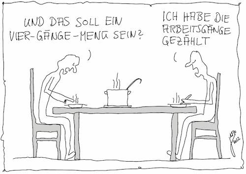 Cartoon: Enttäuschung (medium) by Der kleine Herr Mann tagged essen,trinken,mahlzeit,mittagessen,abendessen,ostermenü,ostern,enttäuschung,paare,arbeitsgänge,küche,menschsein,tisch,stühle,kochtopf,vereinfachung,annahmen,erwartung,thomasbäder,derkleineherrmann