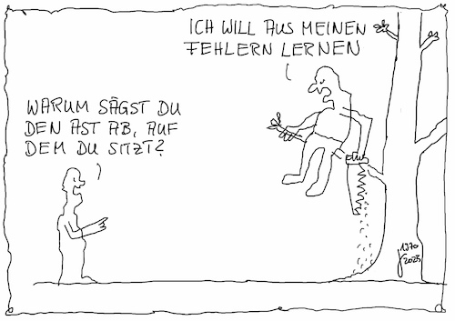 Cartoon: Fehlerhaft (medium) by Der kleine Herr Mann tagged leben,baum,mensch,sinn,cartoon,derkleineherrmann,thomas,bäder,krise,humor,erfahrung,selbsterfahrung,ast,sägen,lernen,weisheit,selbstliebe,sitzen,veränderung,erwartung,fehler,ich