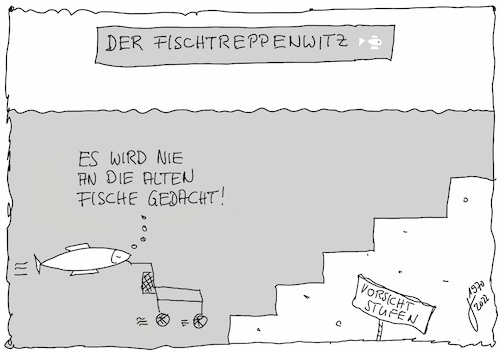 Cartoon: Fischtreppenwitz (medium) by Der kleine Herr Mann tagged fisch,fischtreppe,wasser,luft,rollator,rentner,rentnerin,alt,altwerden,barriere,hindernis,fluß,flußlauf,gehilfe,unterstützung,leben,menschsein,fischsein,sinn