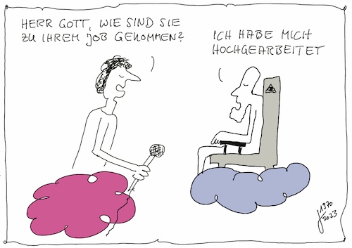 Cartoon: Gott (medium) by Der kleine Herr Mann tagged herr,gott,arbeit,reporter,journalismus,leben,himmel,hölle,mensch,job,frage,antwort,wolken,thomas,bäder,derkleineherrmann,redakteur,stuhl,mikrofon,erklärung,karriere,führungsposition,allmacht,allmächtiger,karriereleiter,erfolg,ziele